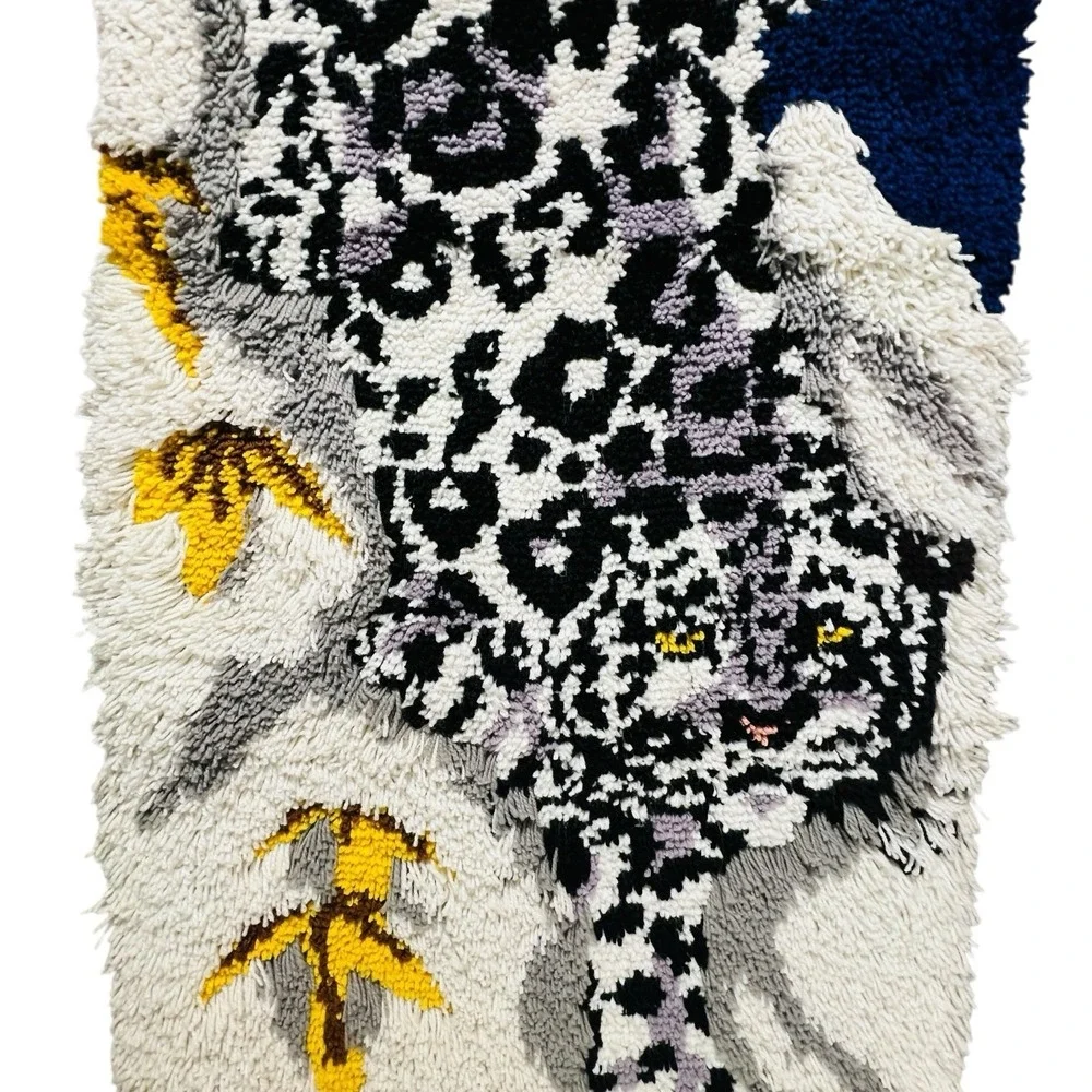 Retro Snow Leopard Latch Hook Wall Hanging Shag Rug Pop Art MCM 70s Maximalist